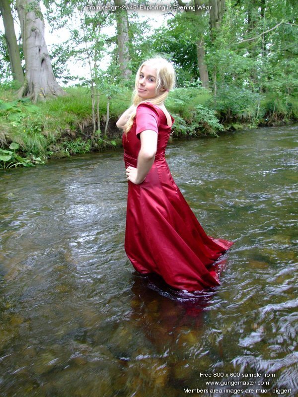 Exploring in Evening Wear - Modesty's Red Satin River Bath